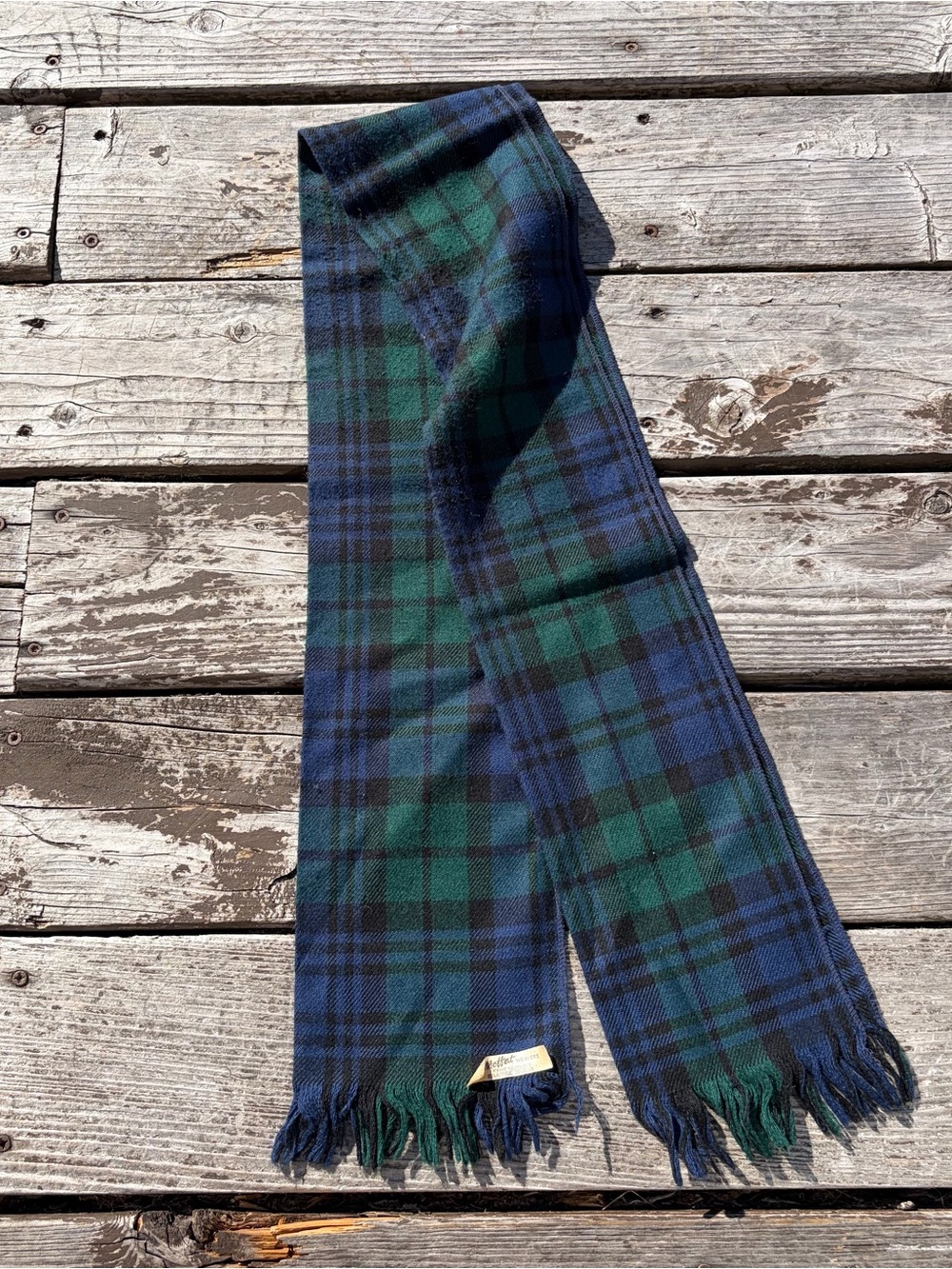 Vintage Moffat Weavers black and blue tartan plaid scarf Scotland